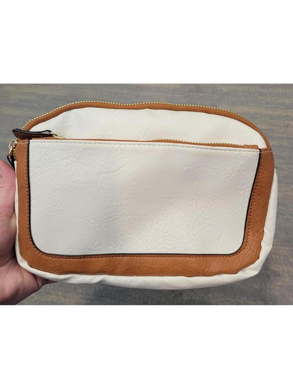 White Brown Faux Leather Crossbody Bag w Adjustable Strap